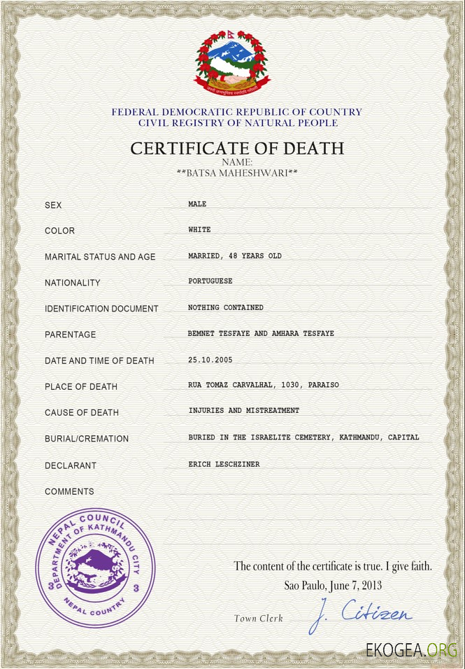 Modèle PSD de certificat de décès de l'état civil du Népal